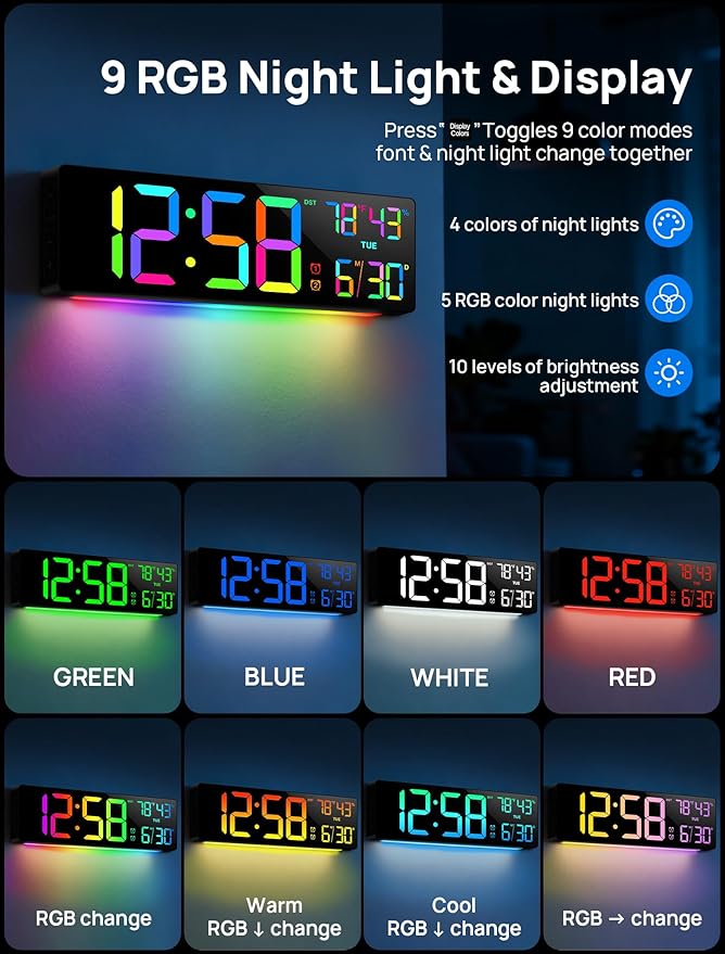 18.5" Large Digital Wall Clock with Remote Control, Big LED Display Digital Clocks with Night Light, Alarm, Countdown, DST, Temp, Date for Parlor, Bedroom, Office, Gifts for Seniors(Black)