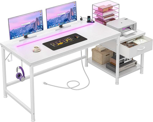 56 Inch White Desk with Drawers & Shelf to Storage,Computer Desk with Power Outlet & LED Lights,Reversible Office Desk with Hooks for Headphone,Bags,Desk for Bedroom,Dorm,Teens Study Room