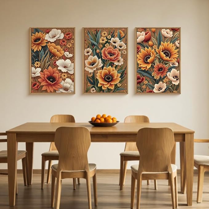 Large Boho Flower Botanical Framed Canvas Wall Art,Abstract Floral Wall Decor,Embroidery Plant Wall Painting,Bloom Wildflower Artwork for Living Room,Bedroom,Dining Room,Office -24"x36"x3