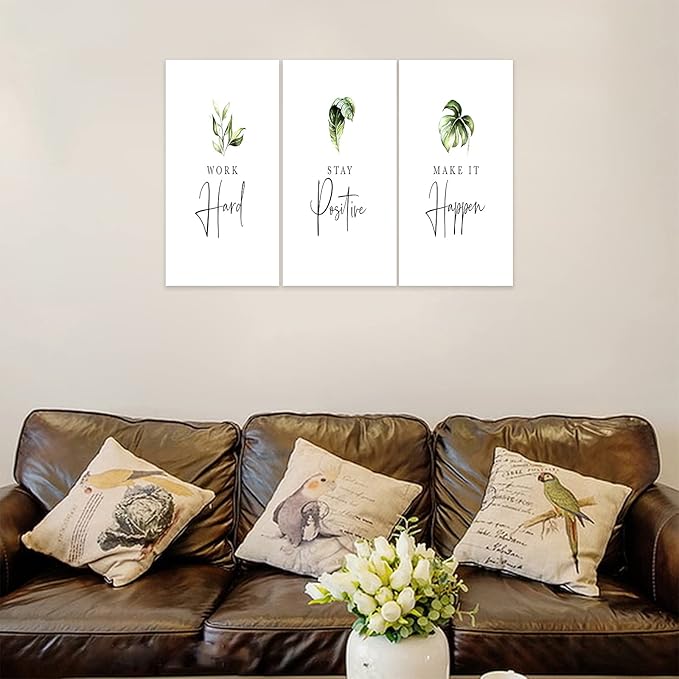 3 Piece Inspirational Wall Art, White Plants Sayings Picture, Quotes Work Stay Make it Canvas Prints for Office Decor, Triptych Entrepreneur Framed Artwork for Women Men Home Wall Decor (36" Wx18 H)