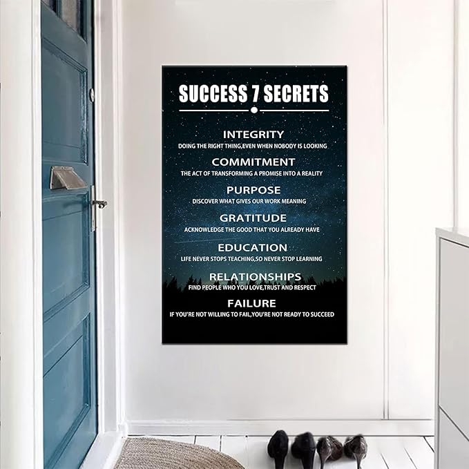 Inspirational Wall Art Success 7 Secrets Motivational Star Chart Poster Positive Quotes Wall Decor for Office Modern Home Living Room Classroom Canvas Framed Artwork Ready to Hang [24''Wx36''H]