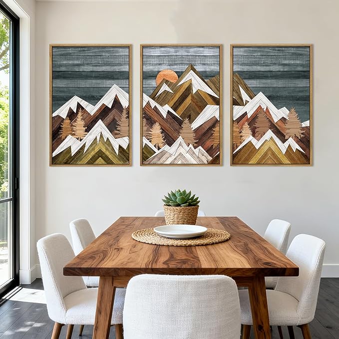 BINCUE Large Rustic Mountain Canvas Wall Picture,Boho Mountain Framed Wall Art,Vintage Landscape Artwork Nature Woodcut,Beige Sunrise Forest Art Prints for Office Living Room Bedroom 16''x24'' Set of 3