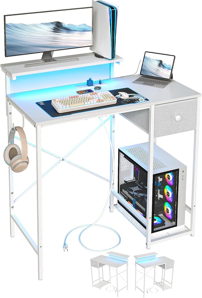 X-cosrack 33.5" Small Gaming Desk with LED Lights & Power Outlets, Compact Computer Desk with Monitor Stand & CPU Stand, Gamer Table with Storage Drawer, Side Hooks for Home Office, Bedroom, White