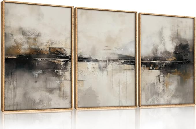 HOURIA Large Abstract Neutral Beige & Black Framed Canvas Wall Art Set,Modern Minimalist Brown Wall Decor,Textured Gray Tan Illustrations Artwork for Living Room, Bedroom, Farmhouse- 16"x24"x3