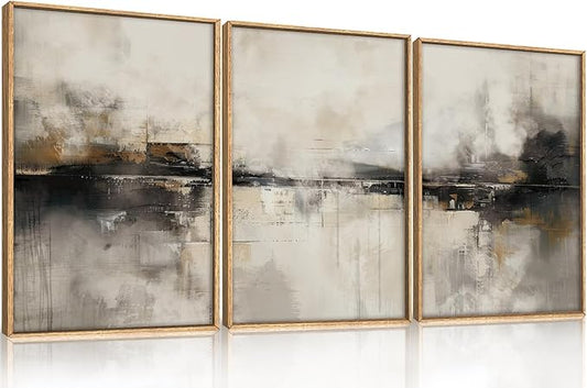 HOURIA Large Abstract Neutral Beige & Black Framed Canvas Wall Art Set,Modern Minimalist Brown Wall Decor,Textured Gray Tan Illustrations Artwork for Living Room, Bedroom, Farmhouse- 16"x24"x3