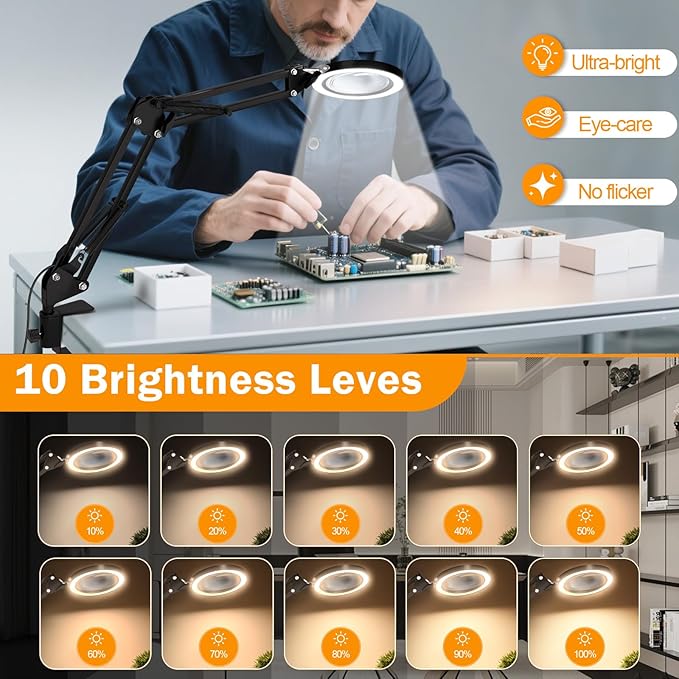 10X Magnifying Glass with Light and Clamp, Hands Free Magnifier with Lights, 3 Color Modes LED Dimmable Magnifiers Desk Lamp for Close Work Crafts Hobby Reading Painting Repair