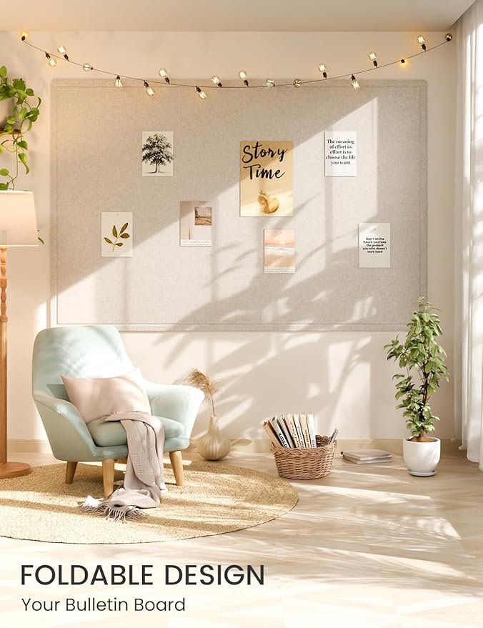 Fluxynara Large Bulletin Board, 70.8" x 47.2" Cork Board Alternative with 48 Safe Removable Adhesive Tabs, Foldable Felt Pin Board for Home Office, Classroom, Bedroom,Entryway for Walls— Oatmeal