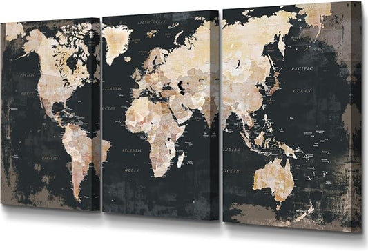 GIFTTWART Office Wall Decor World Map Wall Art Living Room Black And White Pictures Artwork for Walls Vintage Wall Decorations Bedroom Dining Room Art