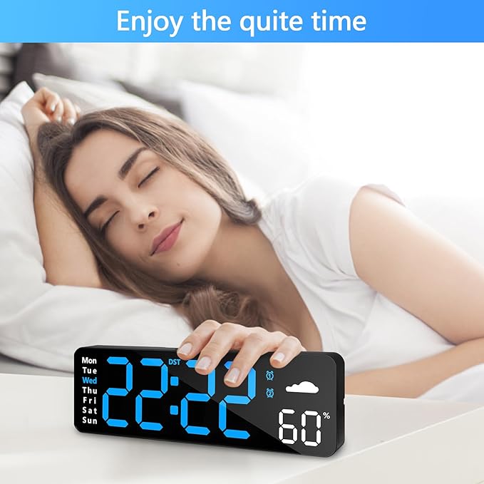 Digital Wall Clock with Remote Control, Large Display Plug in LED Digital Alarm Clocks with 12/24Hr, Date, Week, DST, Timing, Countdown, Temperature for Living Room, Bedroom, Office Wall Decor (Blue)
