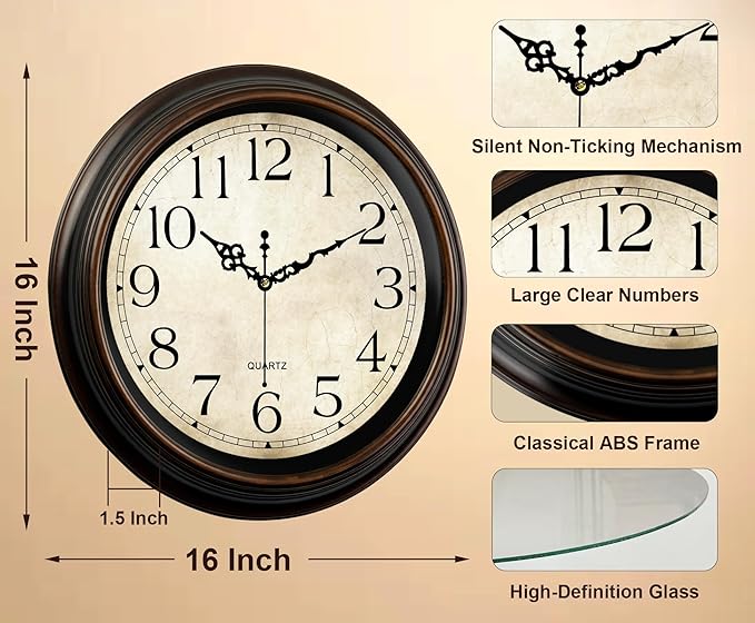 Vintage Wall Clock 16 Inch Quartz Silent Non-Ticking Analog Clock Battery Operated Rustic Round Decorative Clock for Living Room Kitchen Home Office Classroom