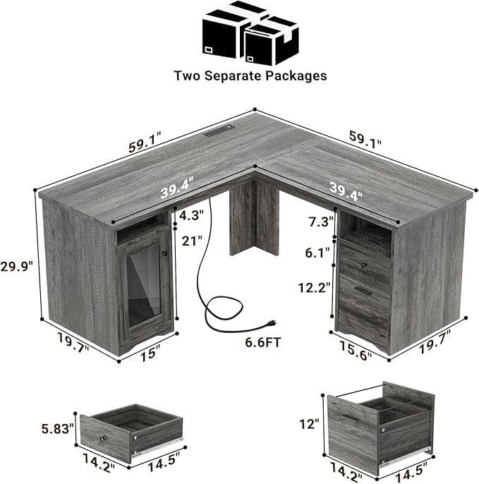 Unikito L Shaped Desk with Drawers, 60 Inch Corner Computer Desks with USB Charging Port and Power Outlet, Large 2 Person Home Office Table with File Cabinet, Black Oak