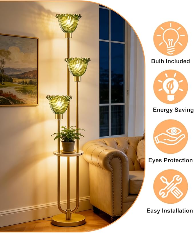 Lightdot Green Glass Floor Lamp for Living Room Dimmable Gold Floor Lamp with Glass Shade & 3000K Bulbs Included 3-Lights Modern Tall Standing Lamp for Bedroom/Sofa Beside/Corner Decor