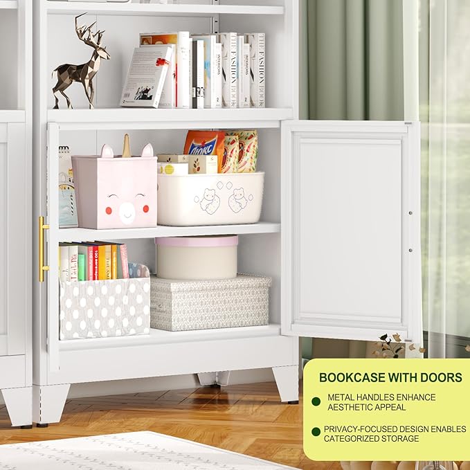 Metal Bookcase with Doors, White 71" Tall Bookcase with Storage, Floor Industrial Bookshelves and Bookcases 6 Tier Shelf Dispaly Storage Shelves for Home Office, Living Room, Bedroom, White