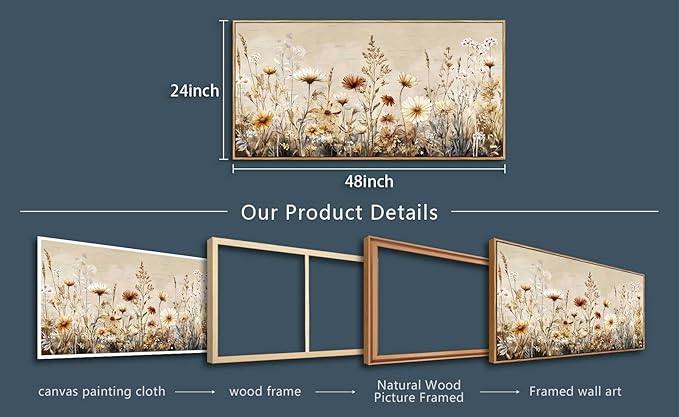 PHAOHUAXM Abstract Ink-Wash Flower Canvas Wall Art Wood Framed Modern Wall Decor for Living Room Bedroom Office Restaurant, Home Aesthetic Artwork Print 24"x48"