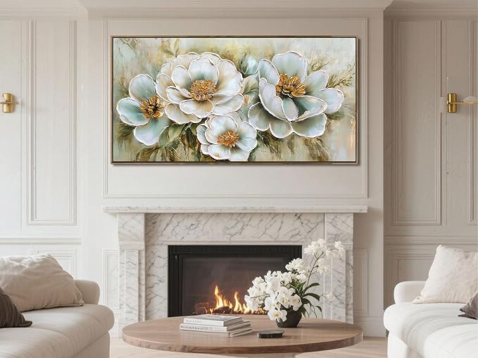 Arjun Framed Canvas Wall Art for Bedroom, Vintage Gold Flower Painting Living Room Textured Floral Large Artwork Picture Dining Room Kitchen Home Office Wall Decor, 40"x20"