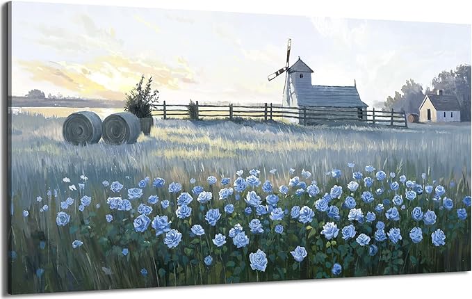 amatop Oversized Farmhouse Wall Art: Blue Rose & Windmill Botanical Landscape Canvas Print - Large Tranquil Floral Scene, Ideal for Living Room, Dining Room, or Hallway Decor | 58x29 Inches