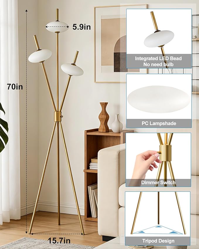 Lightdot Tripod Floor Lamp Stepless Dimmable Gold Standing Tall Lamps with 3PCS Elliptical Lampshades Mid Century Modern Floor Lamps for Living Room/Bedroom/Sofa Beside/Corner Decor