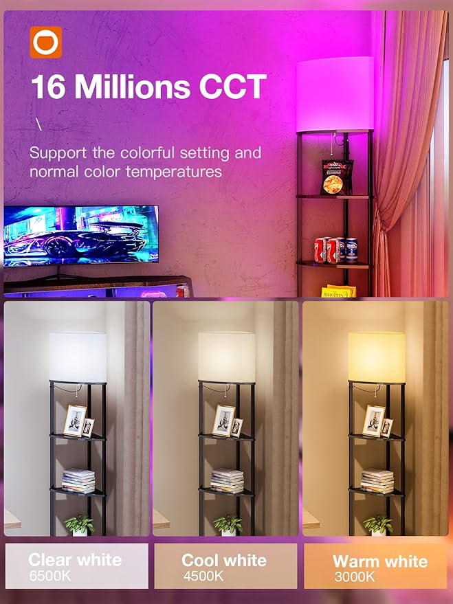addlon 5-Tier Corner Shelf Floor Lamp with Type C, USB Port & 1 Power Outlet and 3CCT LED Bulb, Modern Display Lamp for Narrow Corner Bookshelf lamp for Living Room, Bedroom, Office - Black