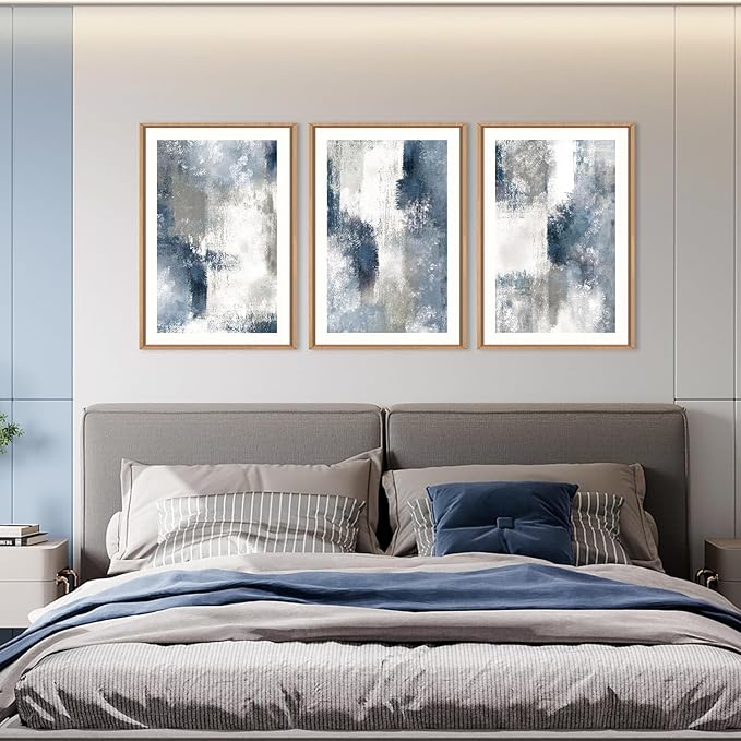 HOURIA Abstract Navy Blue Gray Framed Canvas Wall Art Set,Neutral White Brush Stroke Wall Decor,Minimalist Color Block Shapes Artwork,Modern Pastel Prints for Living Room,Bedroom,Farmhouse- 24"x36"x3