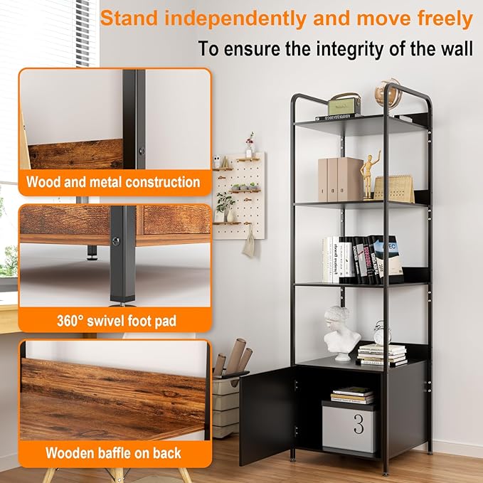 5-Tier Book Shelf with Storage Cabinet, Freestanding Bookcase, Industrial Book Organizer Shelf for Living Room, Bedroom, Home Office, Rustic Brown Wood and Metal Design (Black, 5-Tier)