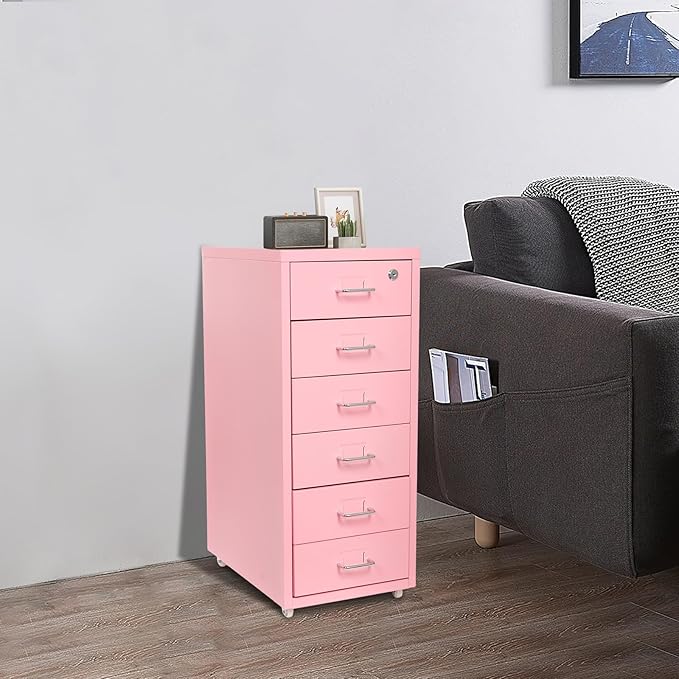 6 Drawer Rolling Metal Filing Cabinet, Metal Vertical Filing Cabinets with Lock, Rolling Under Desk Steel Lockable Filing Cabinets with Wheels, Vertical Files Cabinet for Home Office