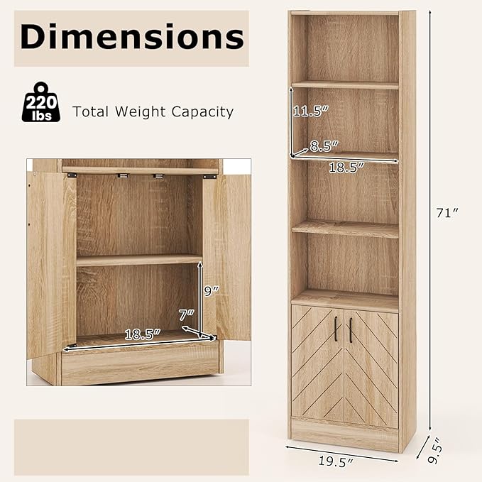 Giantex 6-Tier Bookshelf with Double Doors, 71" Tall Bookcase with 4 Open Cubes & 3 Adjustable Shelves, Mid Century Display Cabinet, Modern Floor Storage Organizer for Living Room, Study, Oak