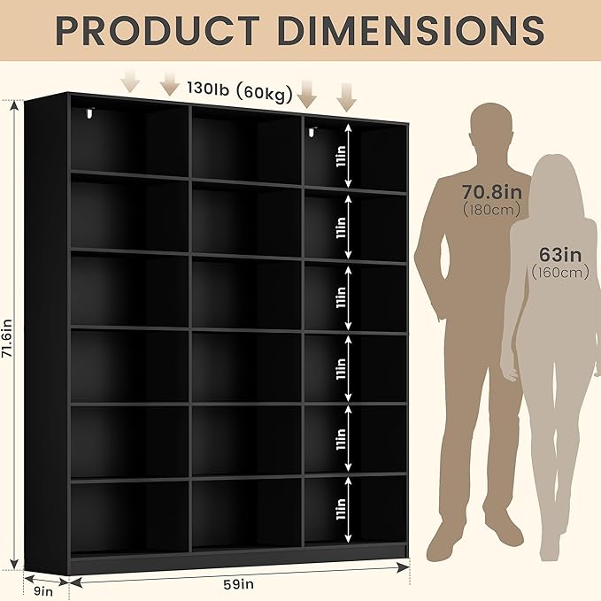 71.6” Tall Bookshelf, Black Bookcase with 18 Shelves, Triple Row Freestanding Display Storage Shelvesm, 2 PC 6 Tier Wide Book Case for Bedroom Living Room Home Office