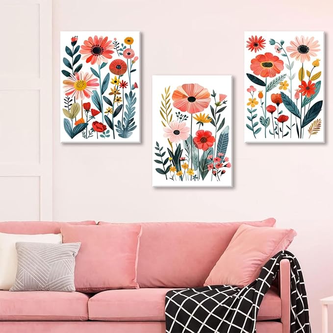 KISSFOX Framed Colorful Wildflower Canvas Wall Art Set Of 3 Flowers Pictures Prints Flowers Printing Floral Watercolors Flower wall Decor Living Room Girls Bedroom Bathroom