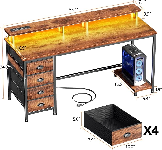 Furologee Computer Desk with Power Outlets & LED Lights, 55 Inch Reversible Gaming Desk with Full Monitor Stand, Home Office Table with 4 Fabric Drawers, Study Table for Bedroom, Rustic Brown