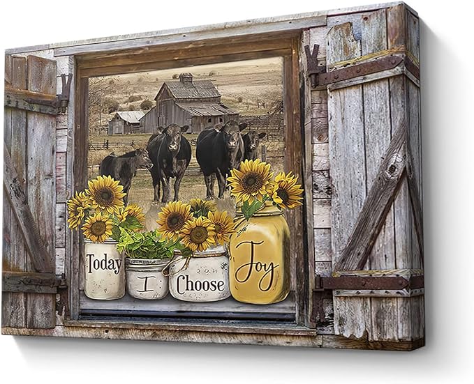 Parylore Sunflower Mason Jars on Rustic Window Wall Art Angus Cows Kitchen Decor Farmhouse Picture Framed Modern Artwork For Living Room Bedroom Home 16x24 In