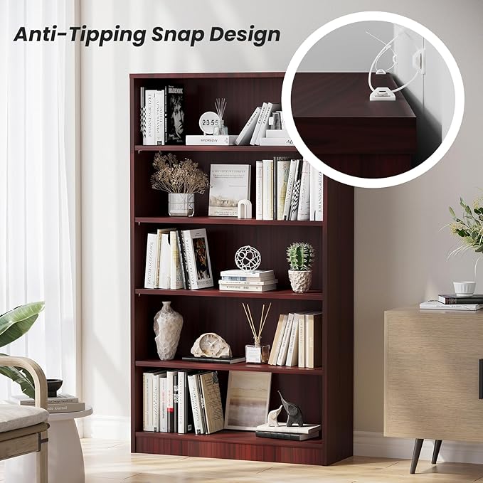 Bookcase Adjustable Storage Shelves,5-Tier Modern Wood Bookcase for Bedroom,60-Inch Bookshelf, Office, Living Room & Library(Mahogany)