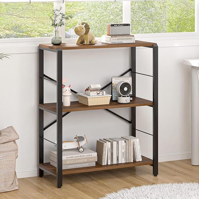 FOLUBAN Small Bookshelf, 3 Tier Rustic Book Shelf with Storage, Industrial Low Short Bookcases for Office, Bedroom and Living Room, Rustic Walnut