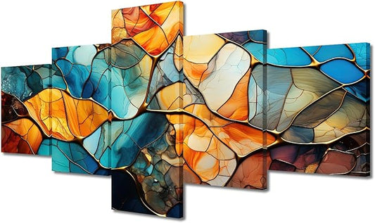 Abstract Canvas Wall Art Decor Modern Living Room Wall Art 5 Panel Home Canvas Art Blue Yellow Brown Glass Window Poster Printing for Men Living Room Decor Stretched Ready to Hang 50x24 in