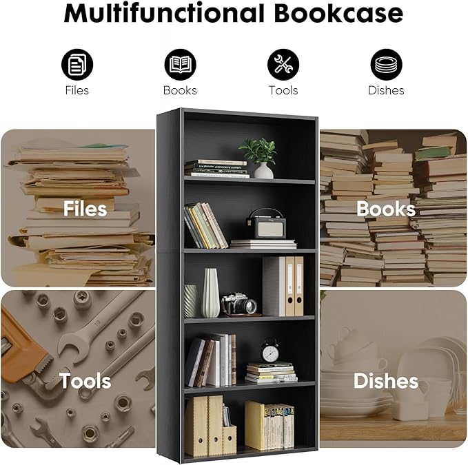 Book Shelf, 5-Tier Bookcase with Adjustable Shelves, Open Storage Shelves for Organization, 23.82 x 9.25 x 53, for Bedroom, Living Room, Home, Office, Black