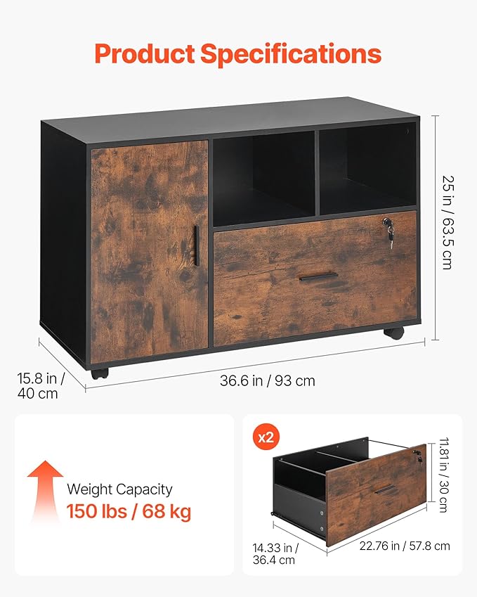 VEVOR Wood File Cabinet, Mobile Filing Cabinet with Open Shelves, Lockable Lateral Rolling File Storage with Adjustable Shelves, Free Standing Printer Stand for Home, Office, School, Rustic Brown