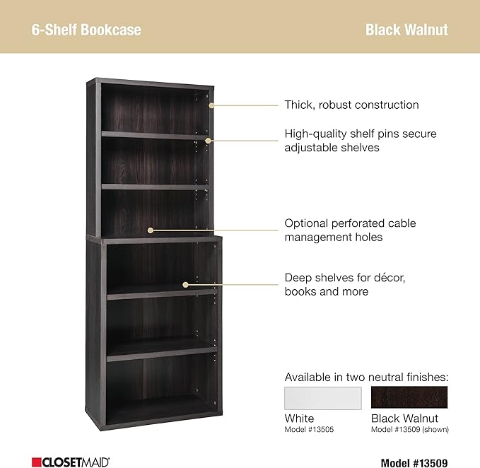 ClosetMaid Bookshelf with 6 Shelf Tiers, Adjustable Shelves, Tall Bookcase Hutch, Sturdy Wood with Closed Back Panel, Black Walnut Finish