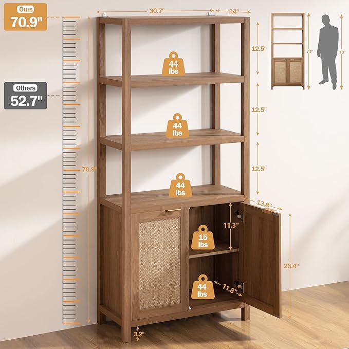 SICOTAS Bookshelf 5 Tier Book Shelf Rattan Boho 71" Tall Bookcase with Doors Storage Shelves Large Bookshelves Farmhouse Bookcases Library Book Case for Living Room Bedroom Home Office Kitchen