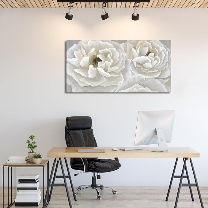 arteWOODS Cream White Flowers Wall Art - Soft Peony Pictures for Wall Decor Elegant Blossom Flower Painting Artwork Botanical Prints for Living Room Home Office Wall Decoration 20" x 40"