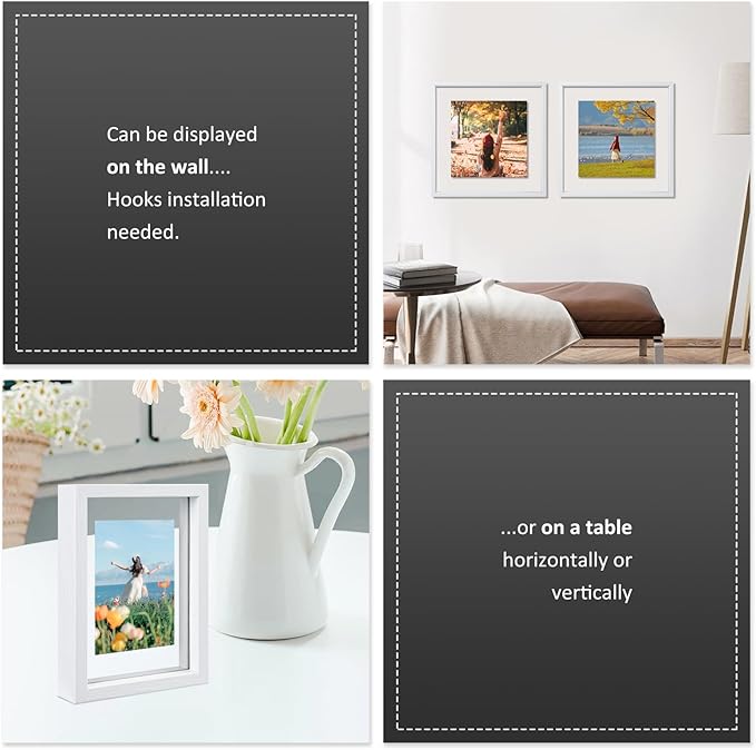 MUYE 12x16 Floating Frame Set of 2,Double Real Glass Photo Frame,Display Any Size Photo up to 12x16,Wall Mount or Tabletop Standing,White