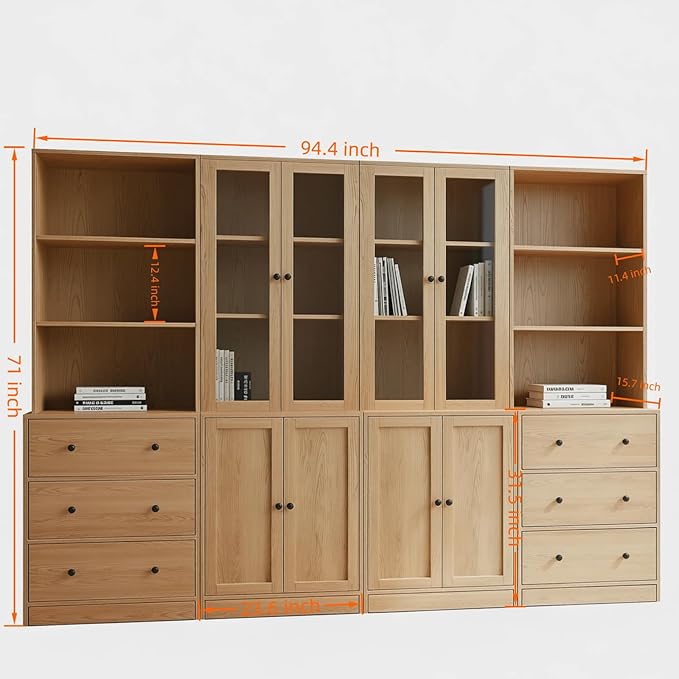 TUSY 71" H Bookshelf with Storage, 6-Tier Modern Bookshelves with 3 Large Drawer, Display Bookcase with Glass Doors, Modern 5-Tier Curio Cabinet for Home Office, Dining Room (Wood, ABBA)