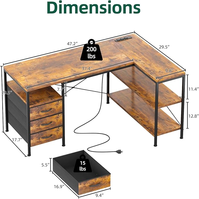 MUTUN L Shaped Computer Desk with 3 Drawers & Power Outlets, 47 Inch Corner Desk with Reversible Storage Shelves, PC Table for Home Office Bedroom (Rustic Brown, 47 Inch)