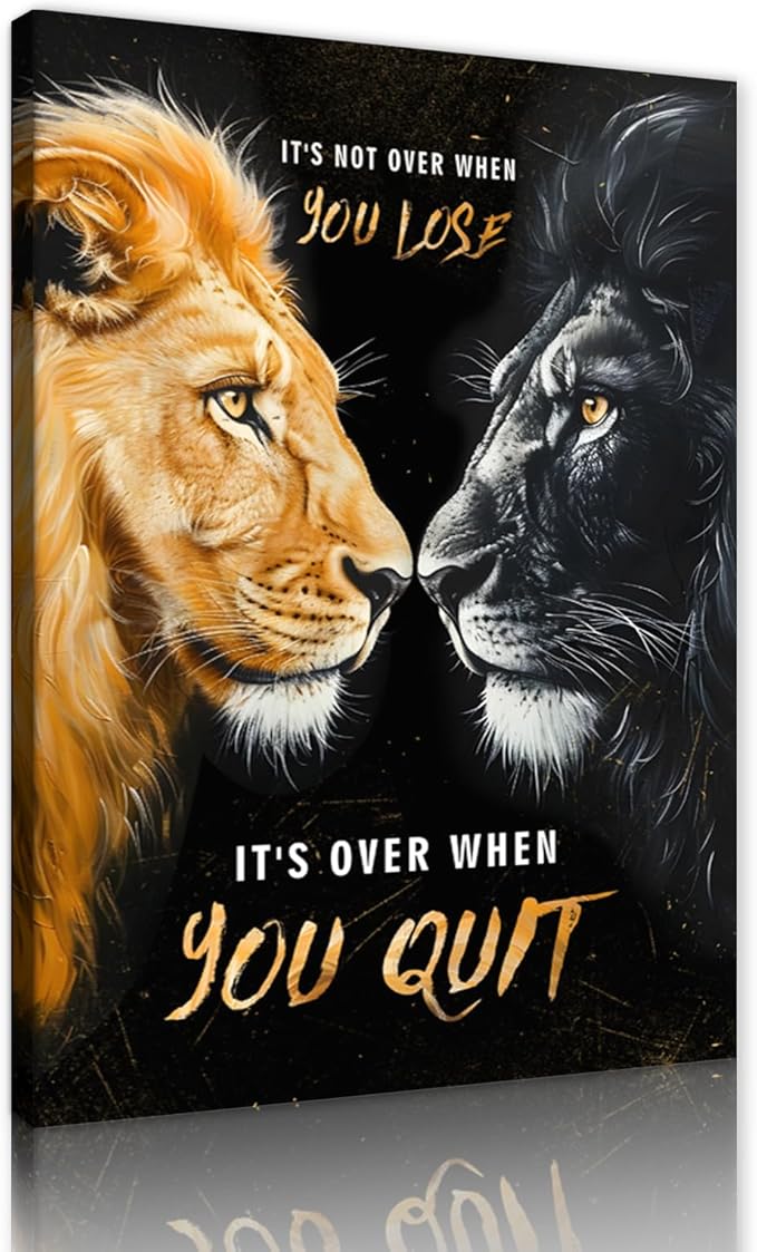 Inspirational Animal Wall Art - Black & Gold Lion Wall Decor Motivational Office Canvas Print Positive Quotes Poster Inspiring Sayings Artwork Modern Picture Framed for Home Workplace (28" W x 44" H)