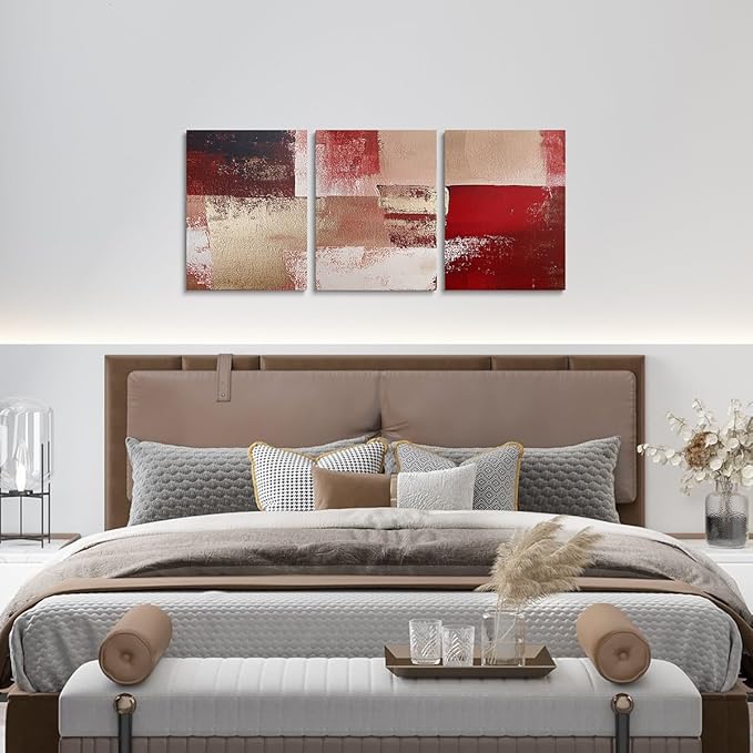 jejeloiu 12"x16"x3pcs Abstract Oil Painting Office Decorations Artwork Posters Abstract Art 3 Piece Canvas Wall Art for Living Room Bedroom Red Modern Picture Wall Decor