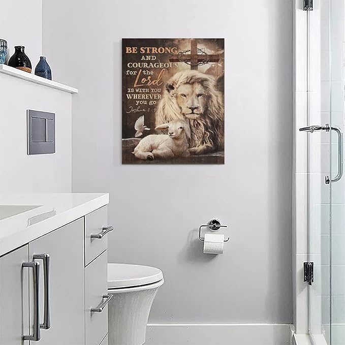 yerretin Lion Of Judah Wall Art Christian Bible Verses Pictures Wall Decor Religious Lamb Lion Canvas Painting Modern Home Artwork for Bathroom Bedroom Office Living Room Framed 16"x20"