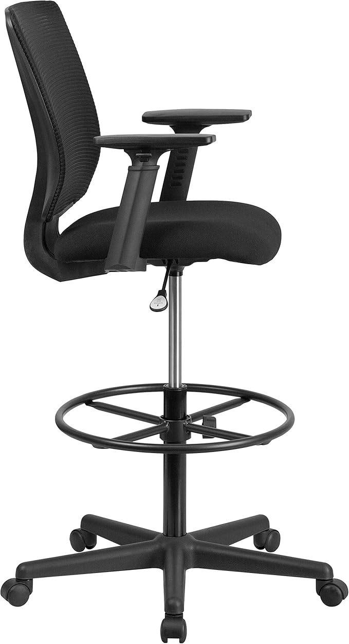 Flash Furniture Harper Ergonomic Mid-Back Mesh Drafting Chair with Black Fabric Seat, Adjustable Foot Ring and Adjustable Arms