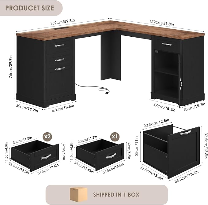 HIFIT Farmhouse Executive L Shaped Desk with Power Outlets, 60" Corner Computer Desk with 3 Storage Drawers & 2 File Cabinets, L Shaped Home Office Desk for Study,Black