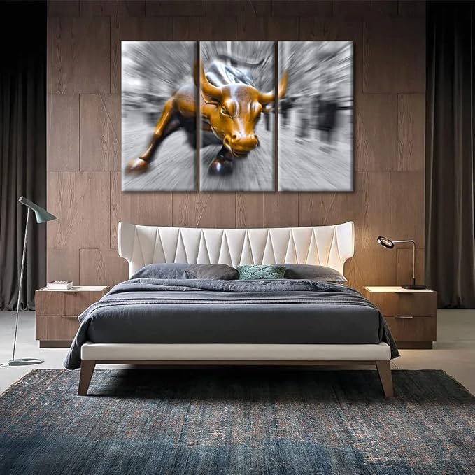 TUMOVO Black and White Bedroom Wall Decor Wall Street Bull Pictures 3 Panel Canvas Artwork Home Decor for Living Room Stretched and Framed Ready to Hang Posters and Prints - 60" Wx40 H