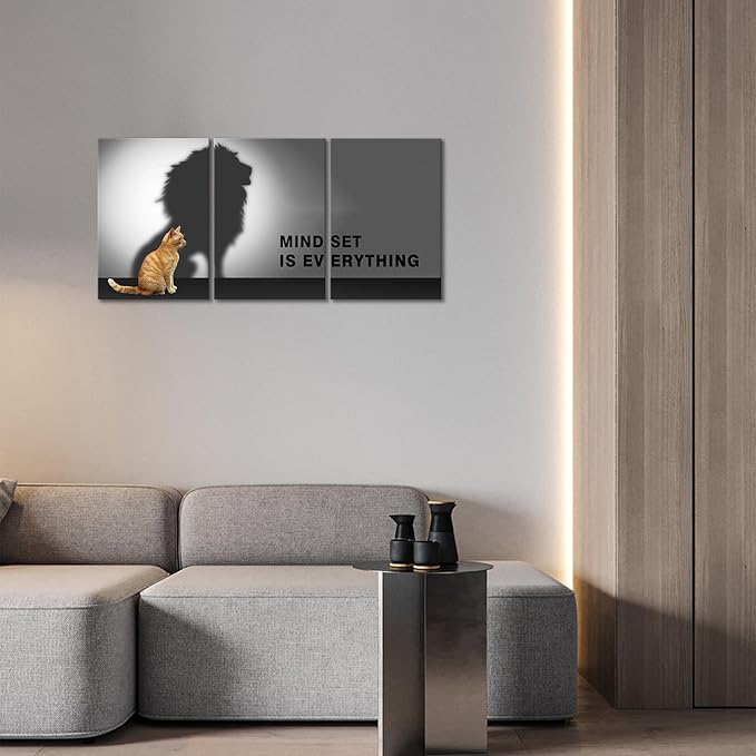 Mindset is Everything Wall Art Lion Cat Motivational Wall Decor for Office Pictures Posters Framed Inspirational Canvas Wall Art Prints Painting Artwork Decor Ready to Hang in Living Room Bedroom
