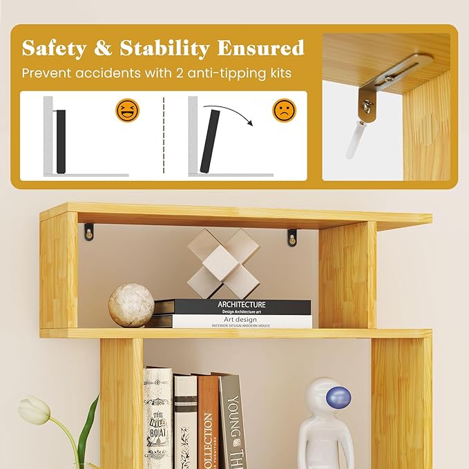 Giantex 6-Tier Geometric Bookshelf, S-Shaped Bookcase with 2 Anti-Tipping Kits, Wooden Display Shelf, Decorative Storage Shelving Unit, Home Storage Organizer for Office Living Room, Burlywood
