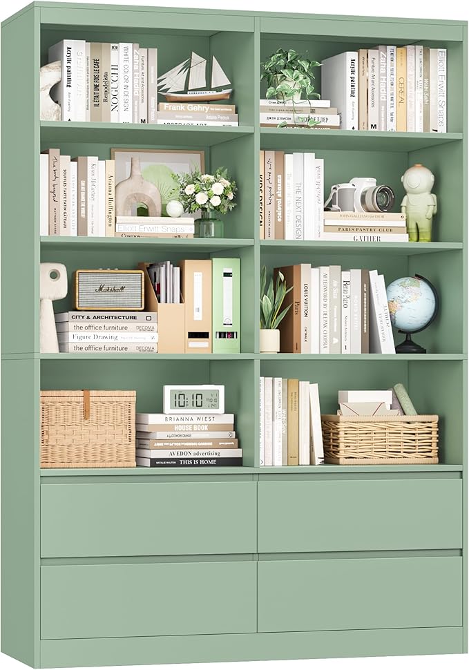 FINETONES Bookshelves and Bookcase, 47.3" Double Wide Bookshelf with Drawers, 71" Tall Bookshelf Large Open Book Shelf Standing Book Case for Home Office, Green